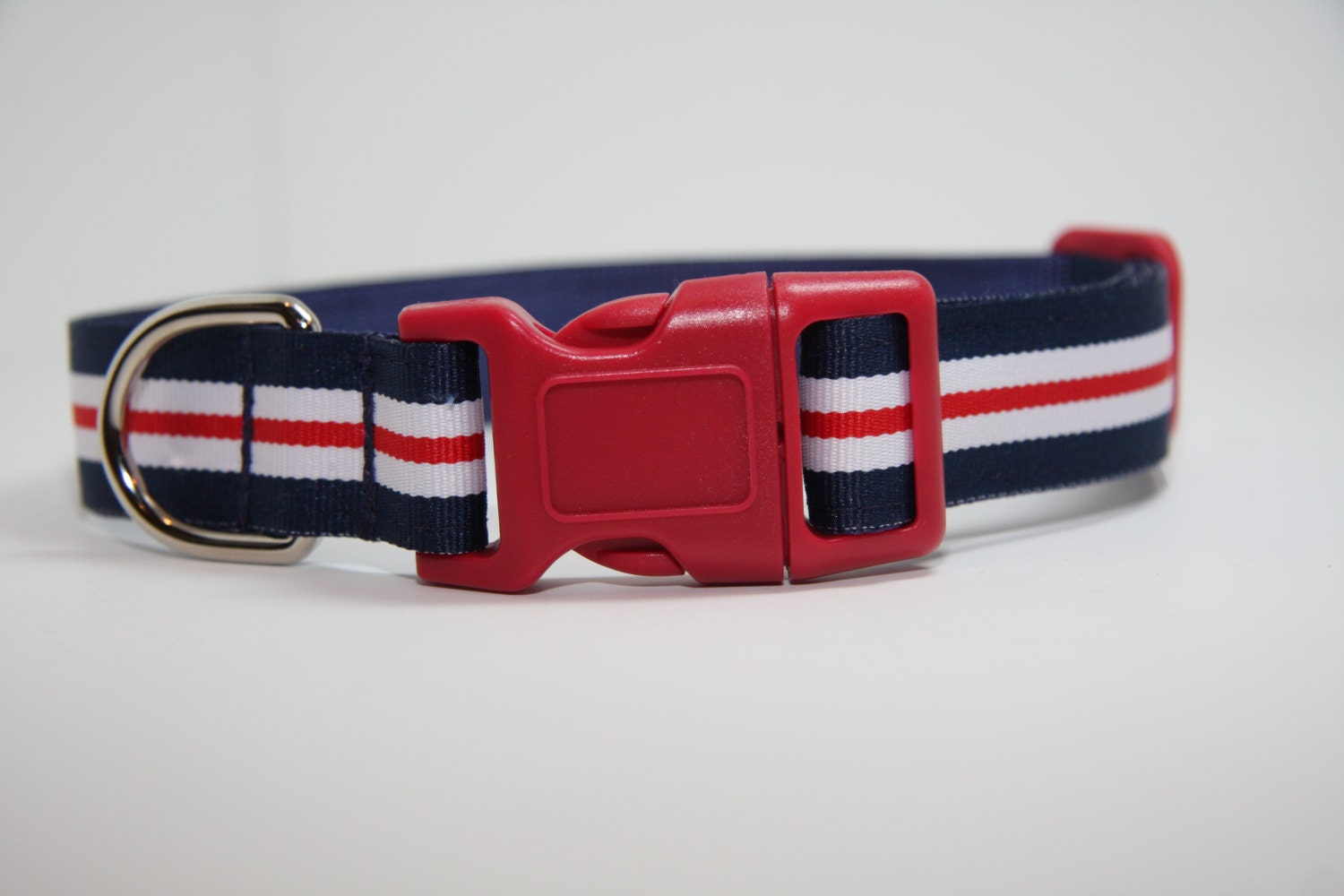 Dog Collar - Red White and Blue stripes - Red buckle