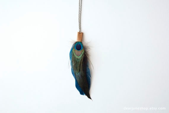 PEACOCK FEATHER & LEATHER necklace - blue green