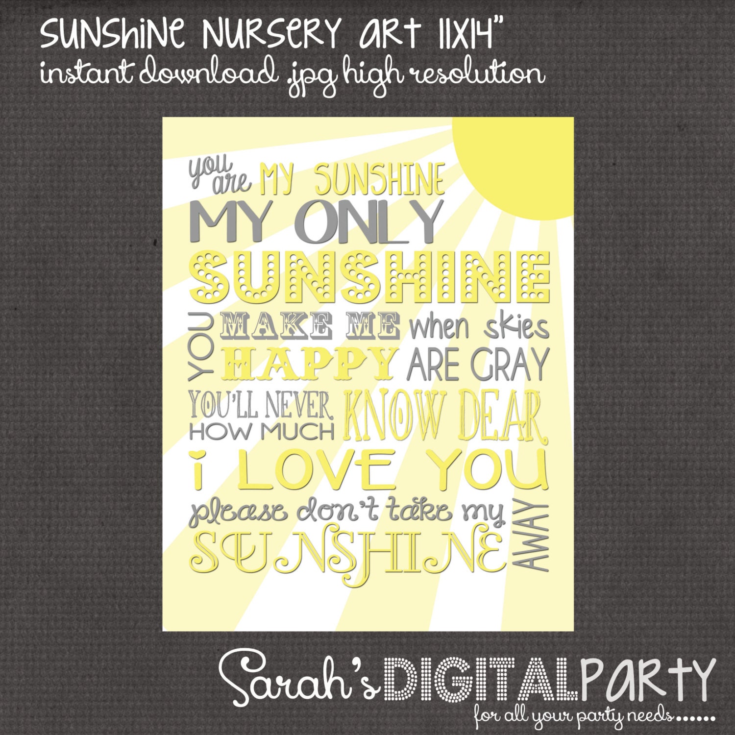 11x14 Yellow and Gray You are my sunshine Nursery Wall Art digital- you print your own- INSTANT DOWNLOAD