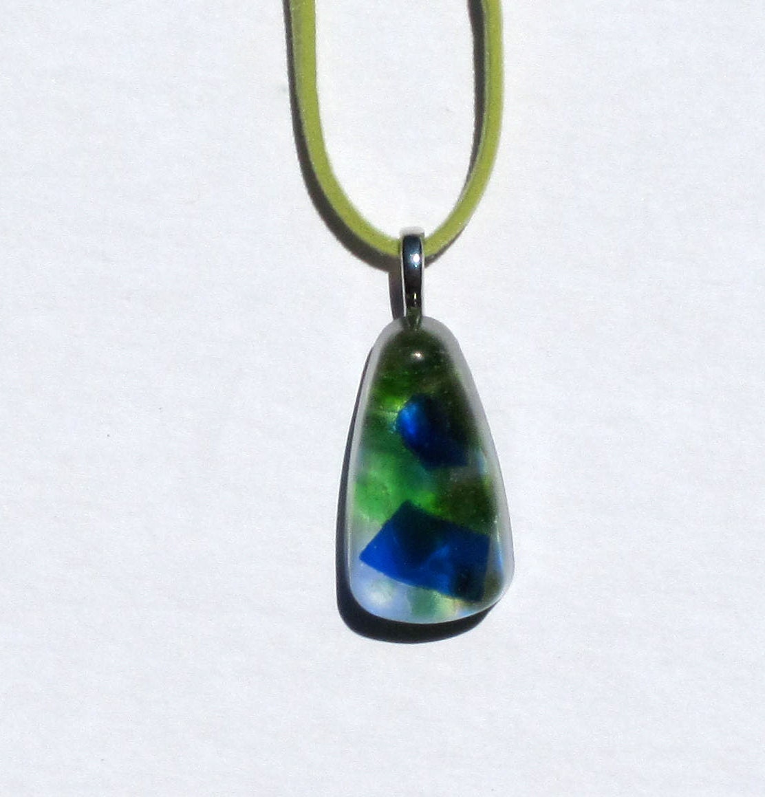 Upcycled / Recycled / Glass / Resin / Blue / Green / Pendant / Silver Bail / Triangular