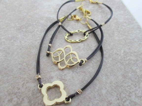 Set of Three Gold Accent With Brown Leather Cord
