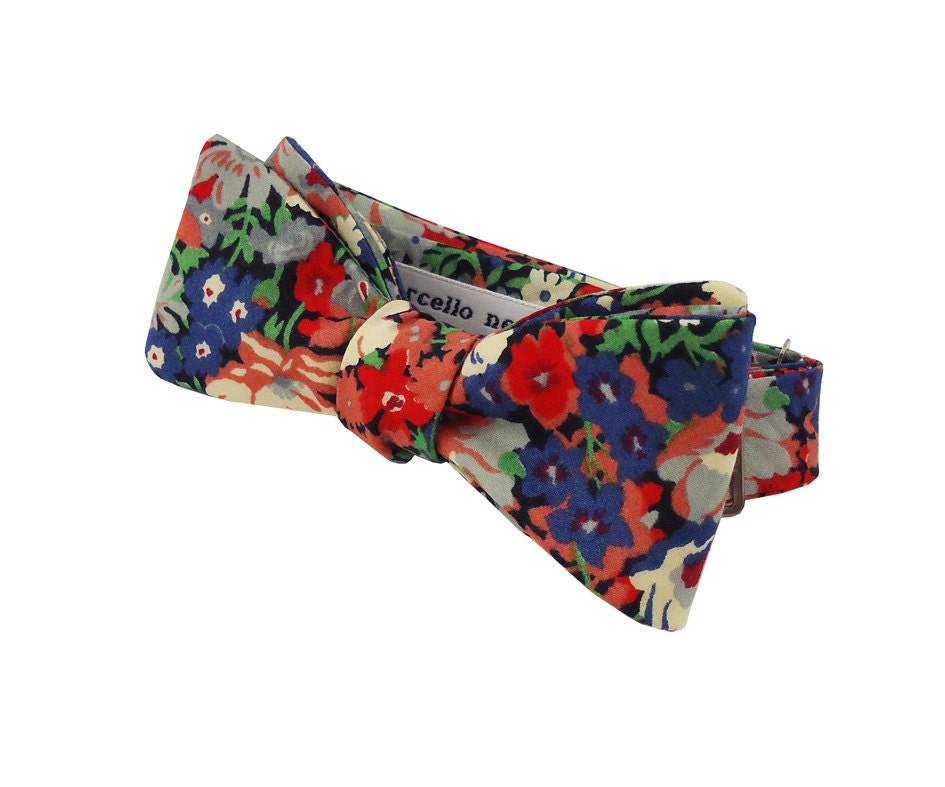 Bow Tie - Liberty Print Black with Navy and Red Flowers