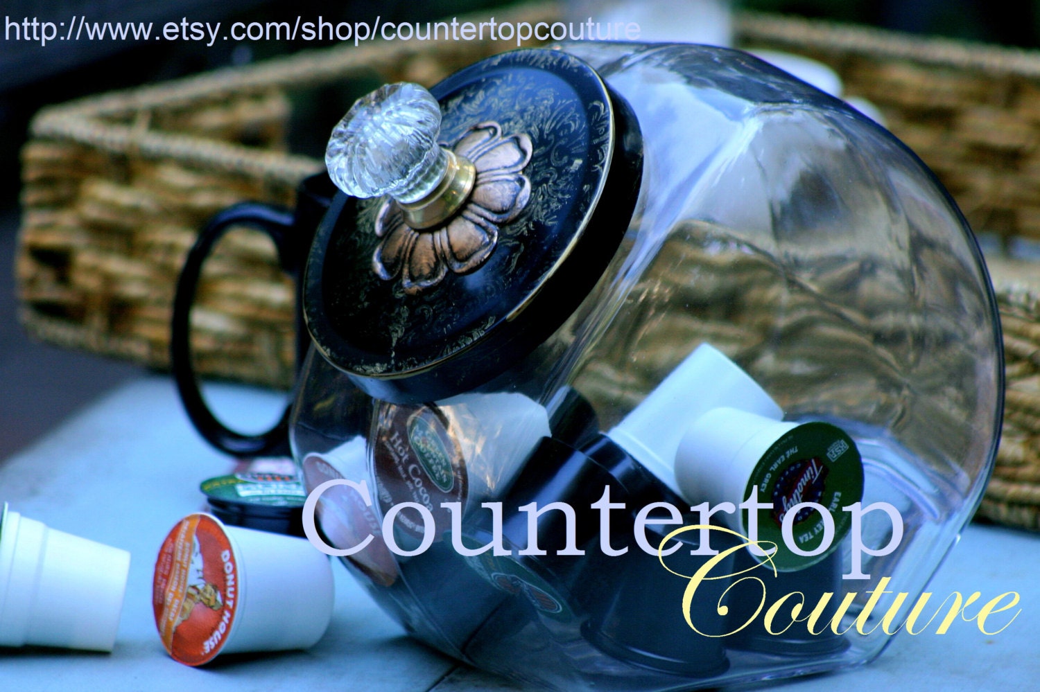 Hand Painted Cookie Jar Regal Black & Gold Vintage Style with gorgeous glass knob by Countertop Couture