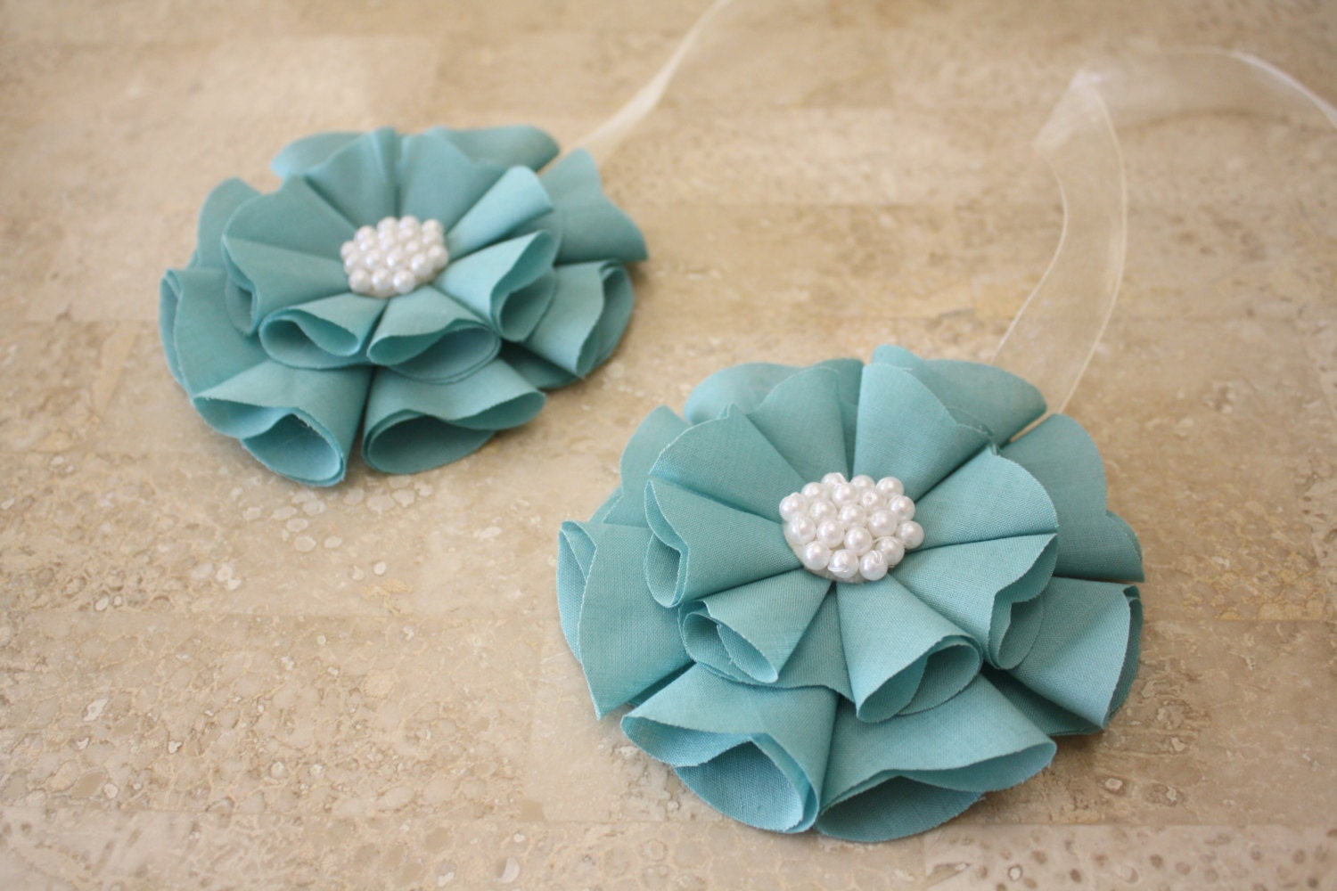 Teal  Magnetic Tie Backs Fabic Flowers with Pearls