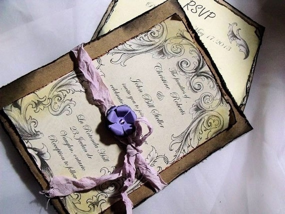 Lavender / purple Wedding Invitation Suite/ Vintage inspired