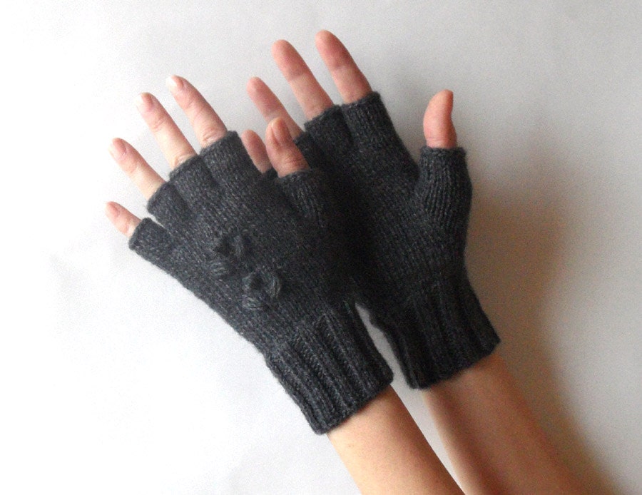 Half Cut Fingers Gloves Knit Fingerless Gloves Wool Charcoal Gray Arm Warmers Warm Women Hand Warmers Winter Fingerless Mittens - KG0045