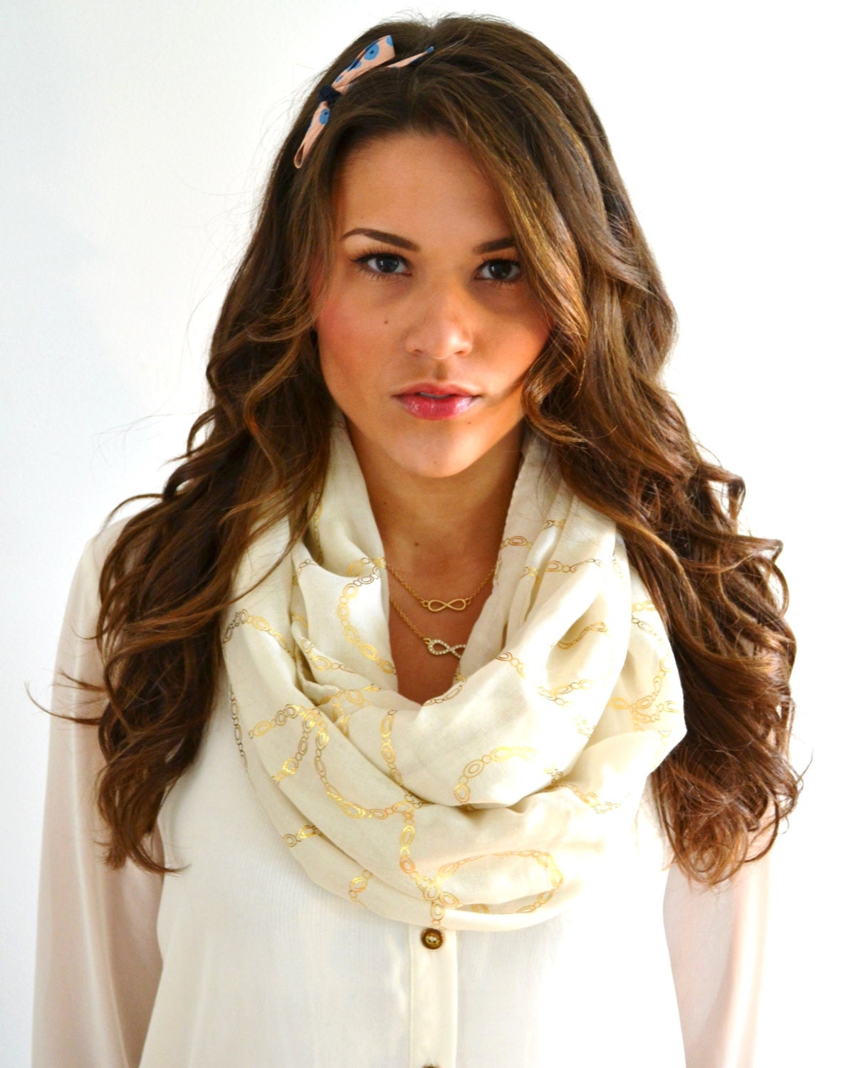 OATMEAL Creme GOLD Links Infinity Loop Fashion Circle Scarf Gift Idea Womens Fashion Accessories