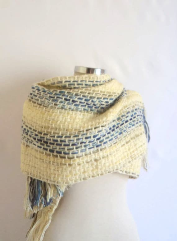 Shawl,Fashion, basket ,weave ,colorfull ,winter ,blue, yellow, white, collar, scarf, crochet ,handmade ,gift,warp,warm,stole,wedding,