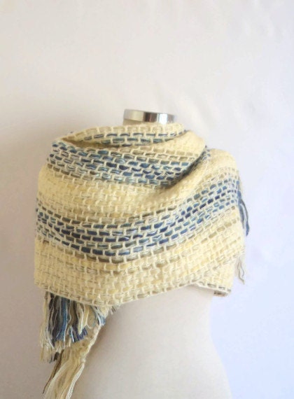 Shawl,Fashion, basket ,weave ,colorfull ,winter ,blue, yellow, white, collar, scarf, crochet ,handmade ,gift,warp,warm,stole,wedding,