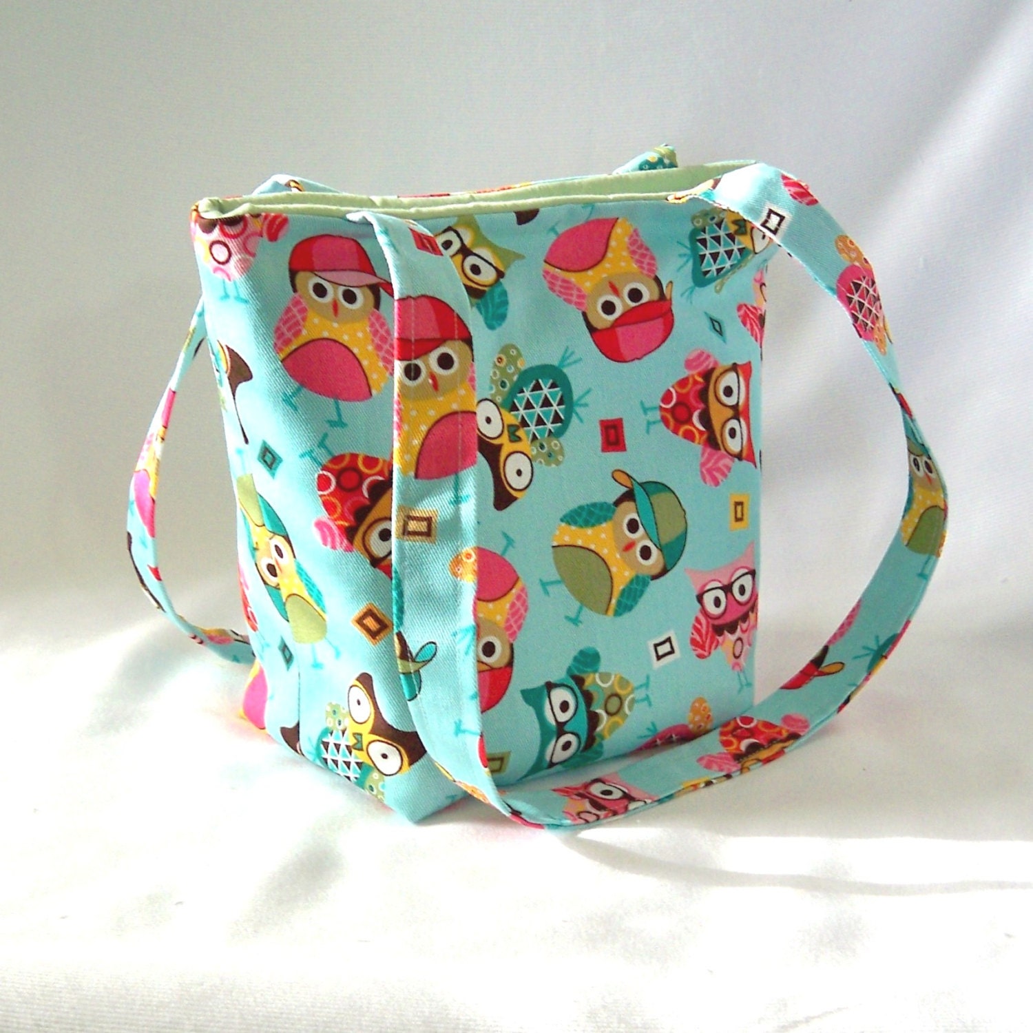 Owl Purse Tote Bag Aqua Blue Pink Fabric Handbag Small Fabric Bag Teen Purse Shoulder Bag Hats Glasses