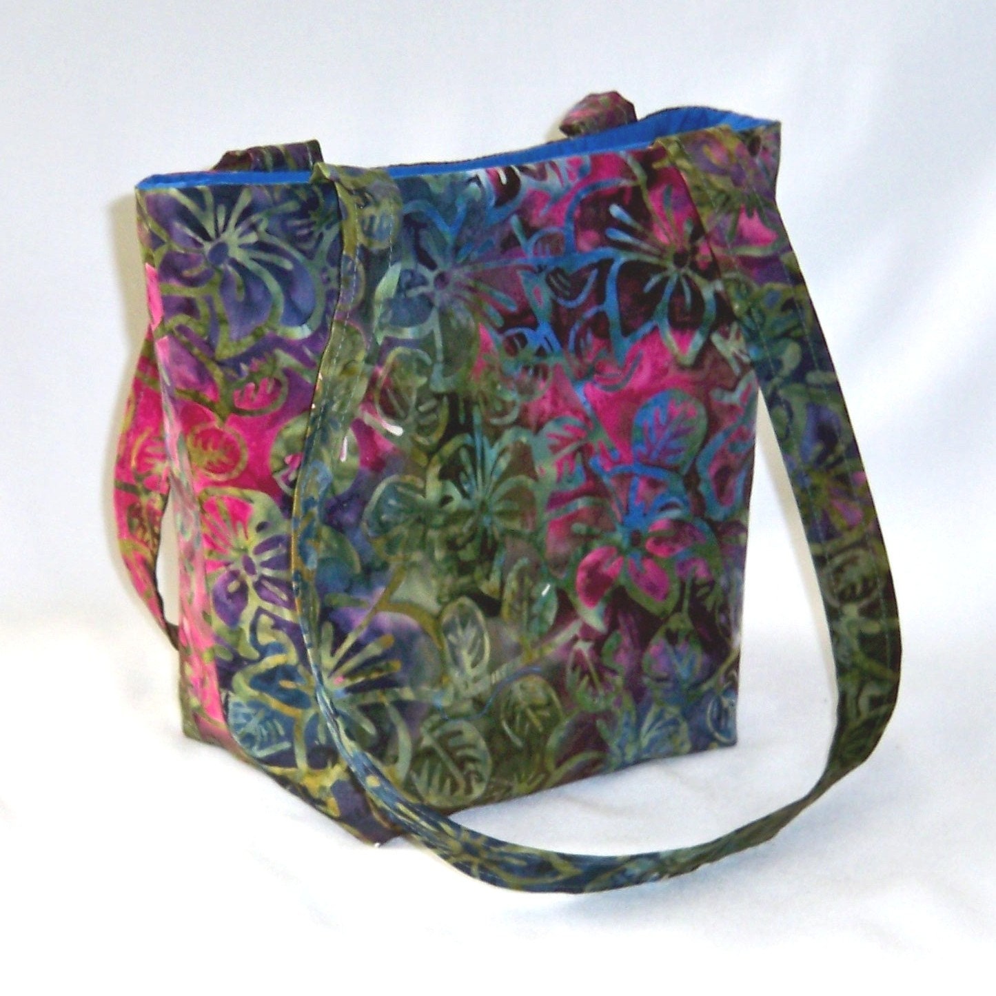 Floral Batik Purse Tote Bag Handbag Jewel Tones Emerald Green Blue Pink Purple Small Fabric Bag Teen Purse Shoulder Bag