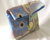 Floral Clutch Purse Makeup Bag Fabric Bag Fold Over Flap Button Closure Cosmetic Bag Periwinkle Blue Lavender Green Aqua
