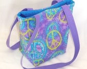 Purple Peace Sign Tote Bag Purse Lavender Neon Green Turquouse Blue Tie Dye Hippie Fabric Bag Teen Purse Shoulder Bag
