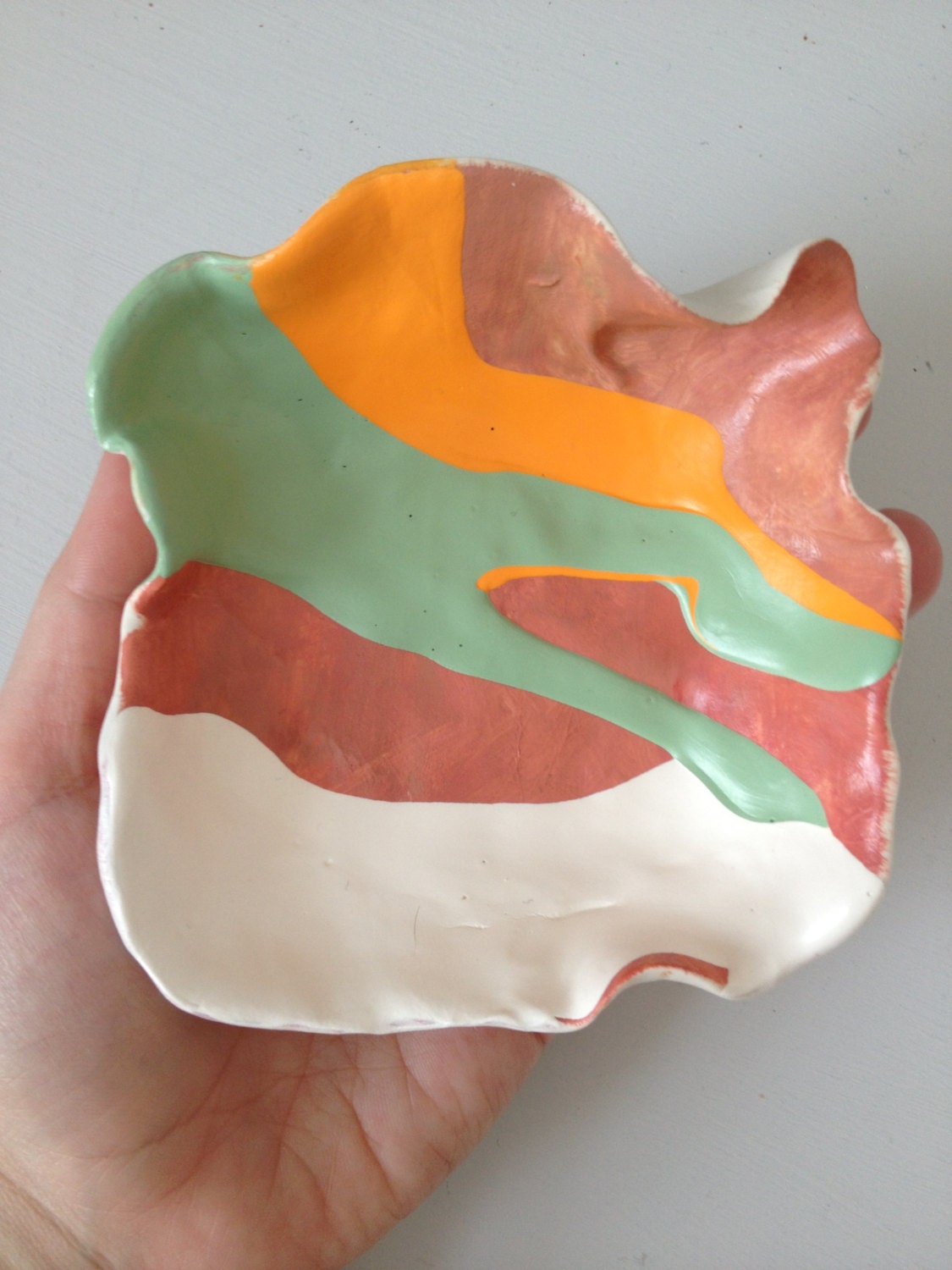 Southwestern Santa Fe style Mint, tangerine, white, and dusty pink handpainted polymer clay decorative bowl
