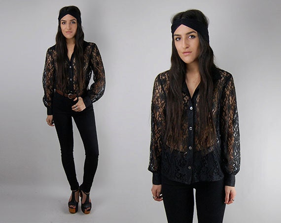 Vintage Black Sheer Floral Lace Top Shirt Blouse / Small