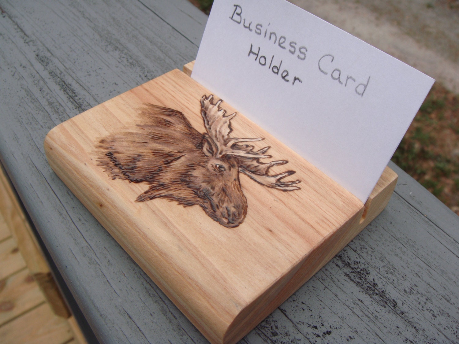 handmade wood burned cypress  Business Card Holder with moose