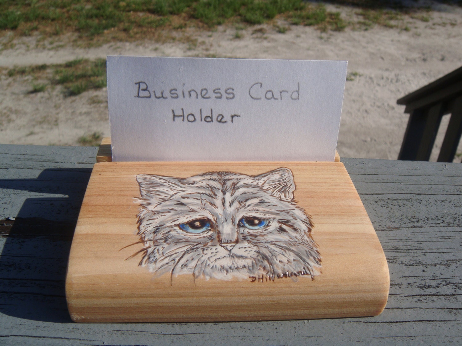 handmade wood burned cypress  Business Card Holder with sad pity kitty