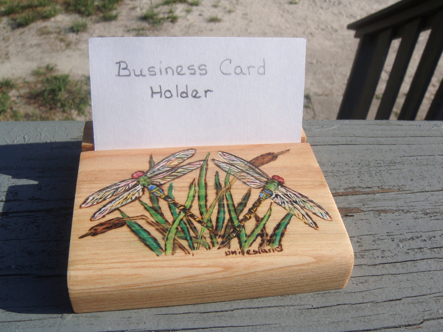 handmade wood burned cypress  Business Card Holder dragonfly
