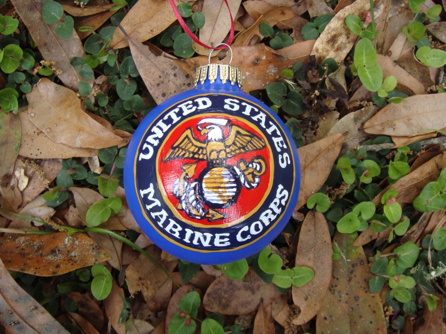 Hand Painted Glass Ornament with Marine Corp insignia