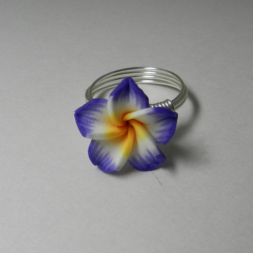 Purple Flower Ring, Silver Wire Wrapped, Polymer Clay