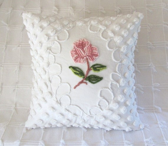 chenille pillow cover ONE ROSE vintage pink chenille cushion cover cottage chic