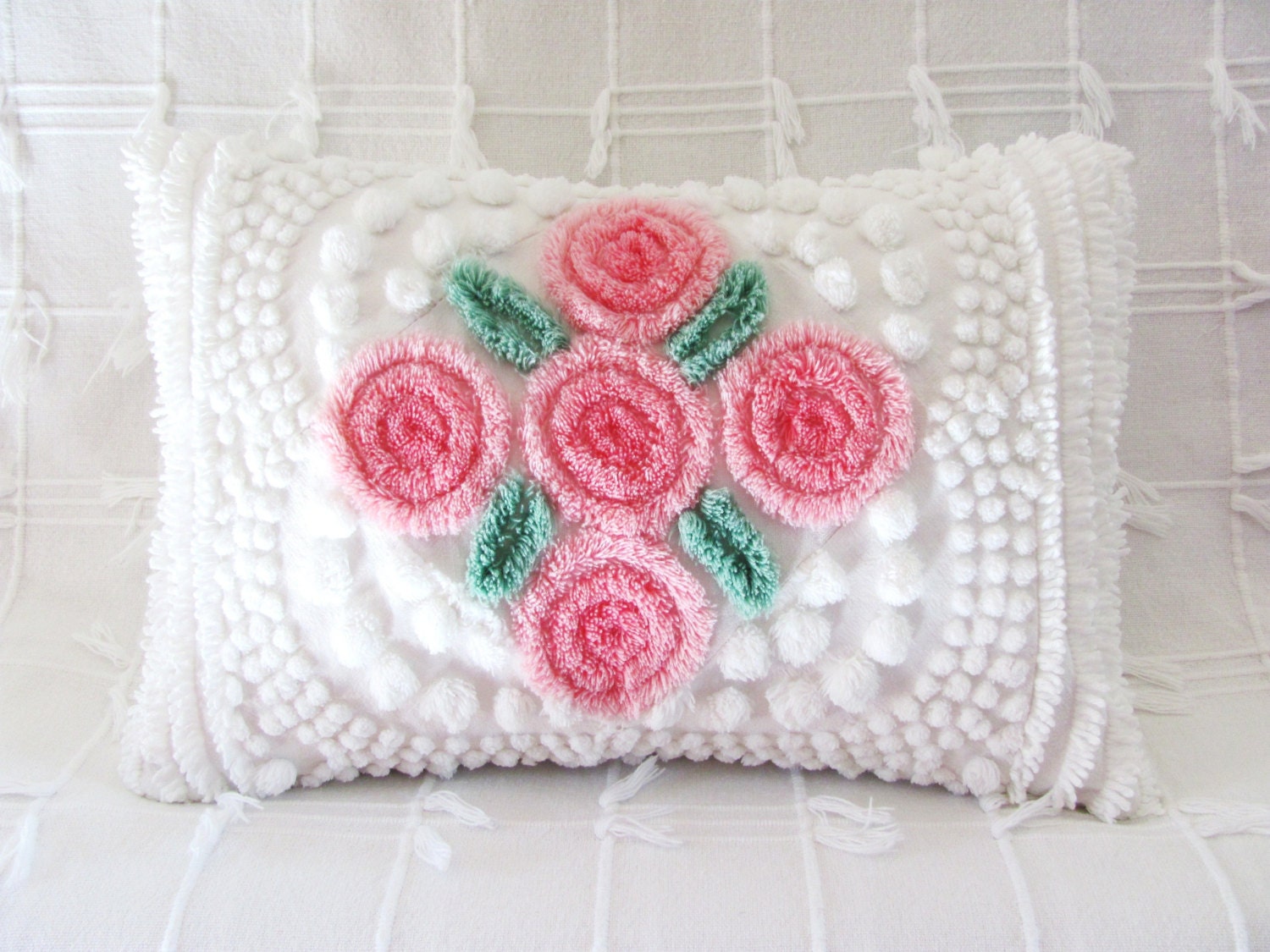pink roses chenille pillow cover LOLLIPOP ROSES 12 X 16 rose cushion cover cottage shabby style