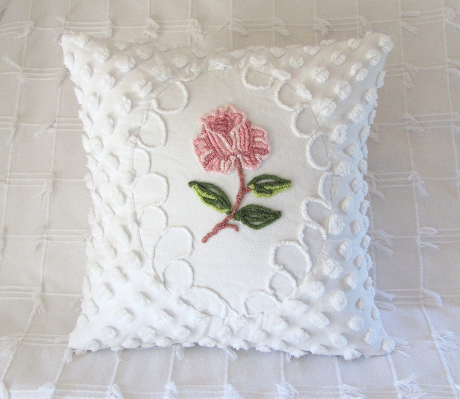 chenille pillow cover ONE ROSE vintage pink chenille cushion cover cottage chic