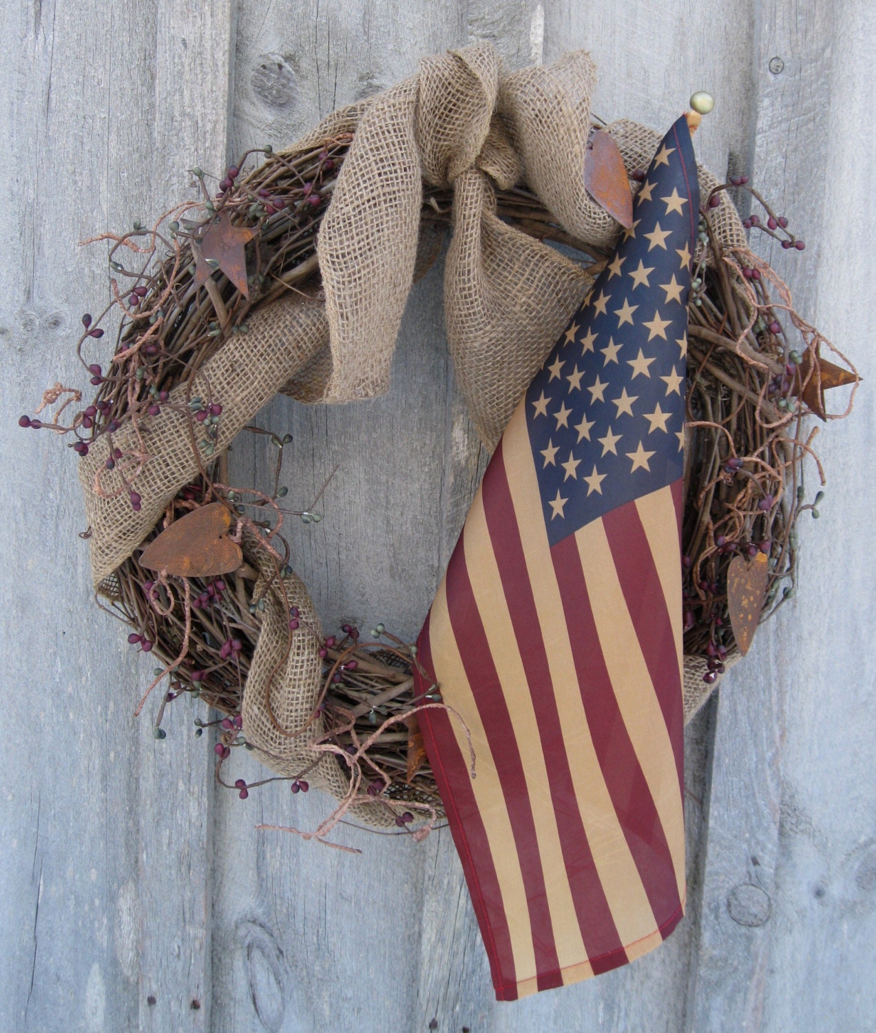 Americana Wreath, Patriotic, Boston Tribute, Primitive Wreath, Tea Stained Flag