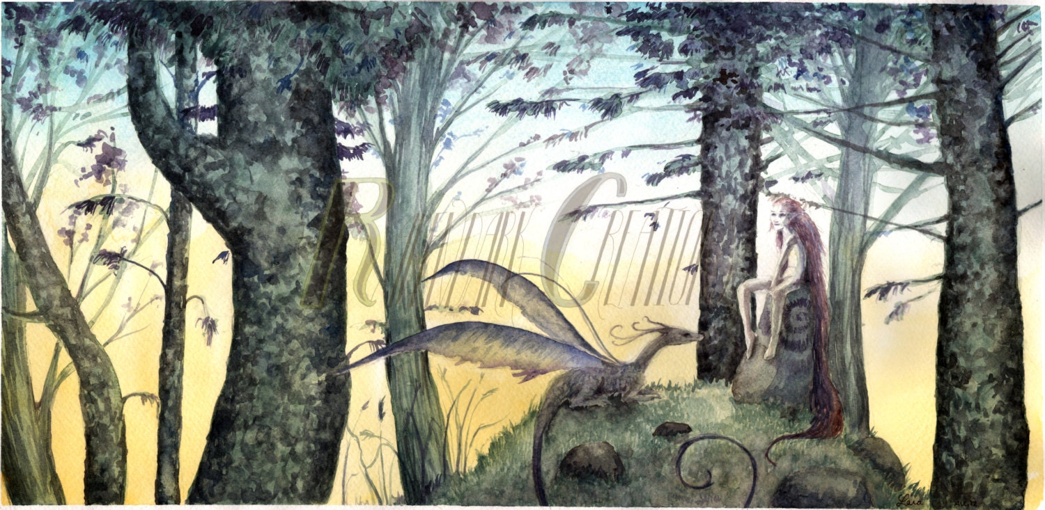 Twilight in the Woods, fantasy watercolor print, dragon and fairy