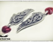 Angel Wing Dangle Earrings- Silver Plated Clip on Earrings with Floral Pattern and Red Heart - Victorian Gothic Steampunk Jewelry
