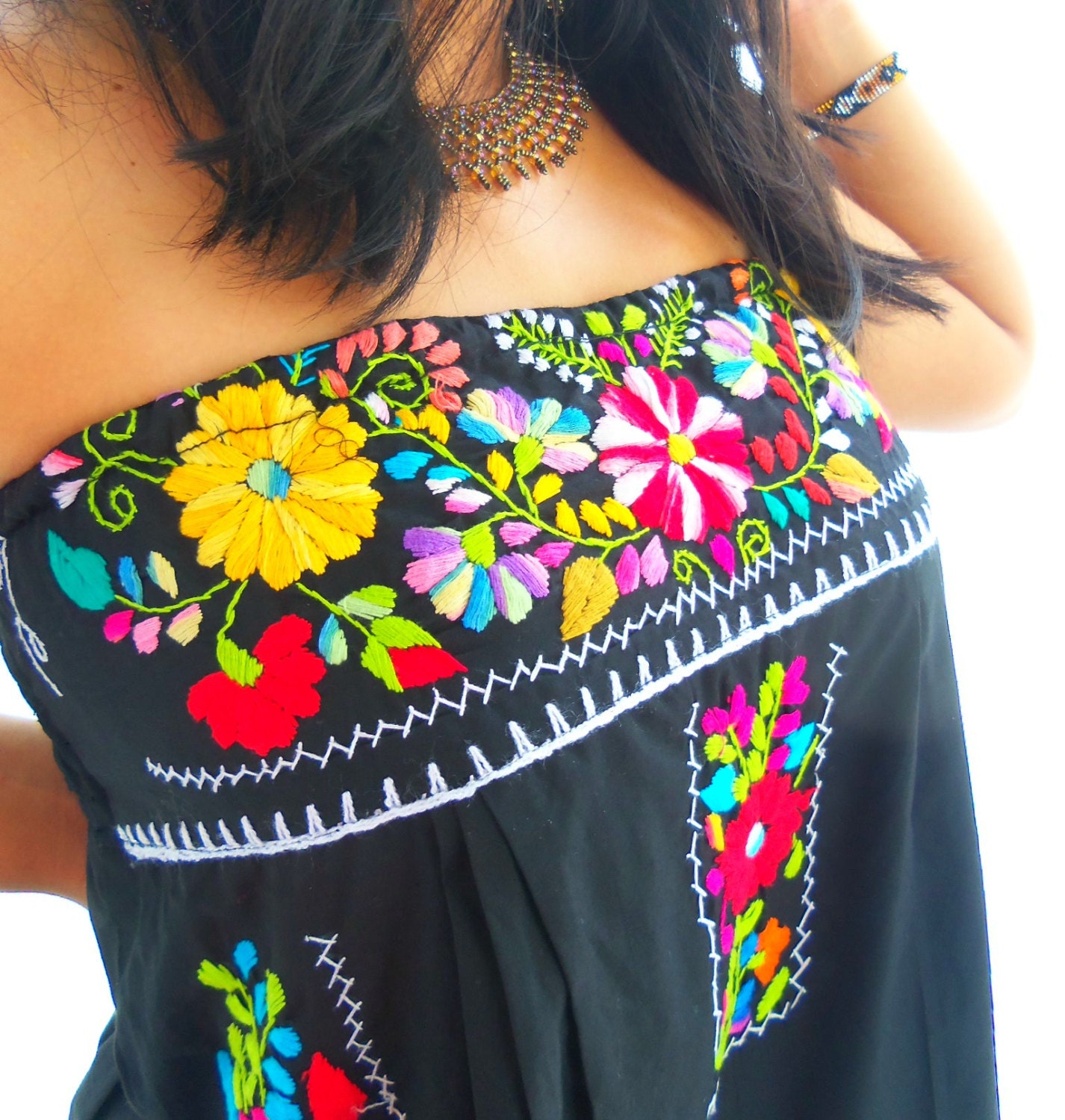 Paloma Negra Mexican Embroidered Black straples Maxi  dress