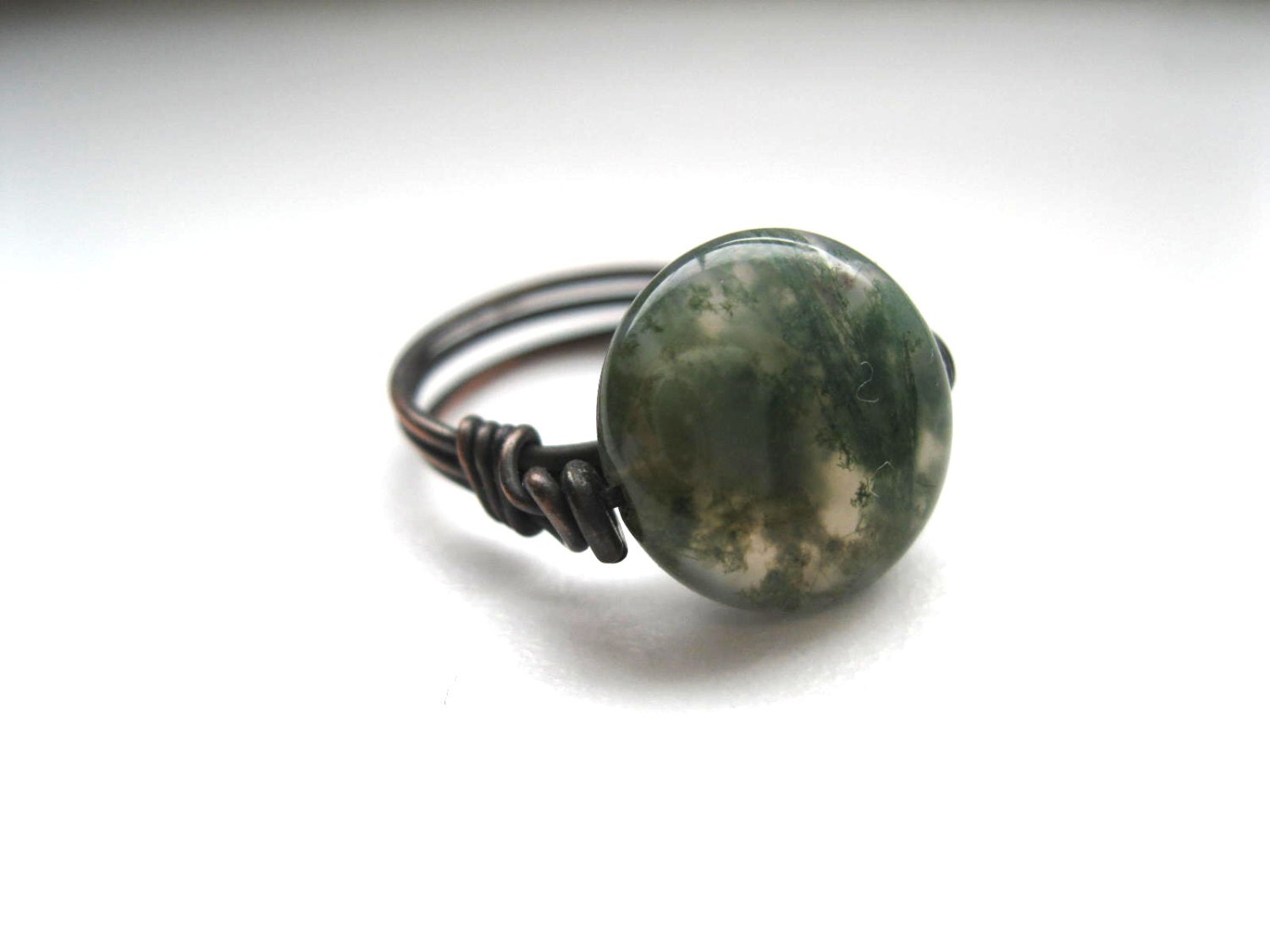 Moss Agate Moon Ring of Hand Forged Copper Your Size. Wire Wrapped Ring.