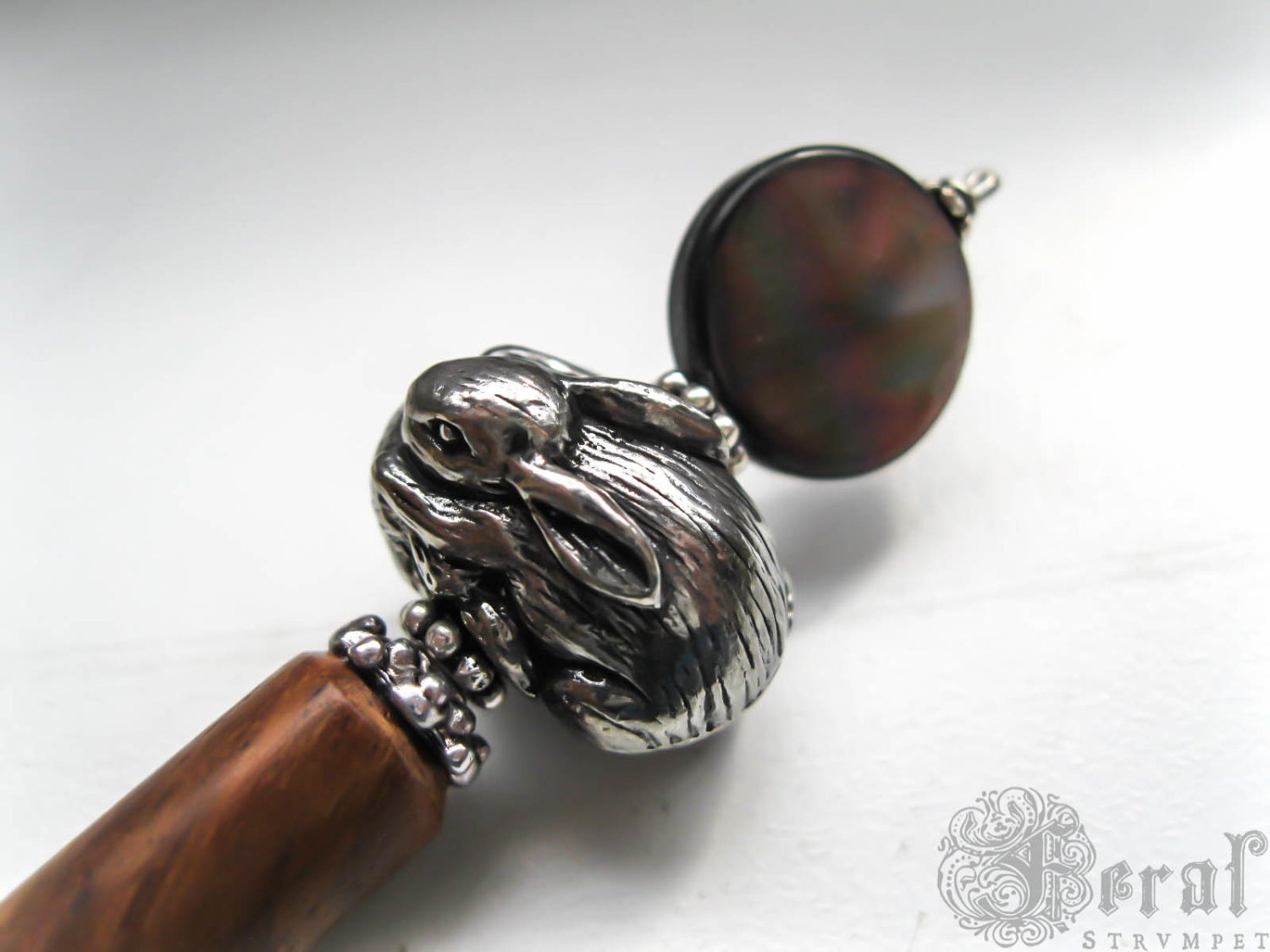 Hare and Moon Hair Stick. Gift for the Long Haired Wicca Pagan. Sister Hares Chase the Moon.