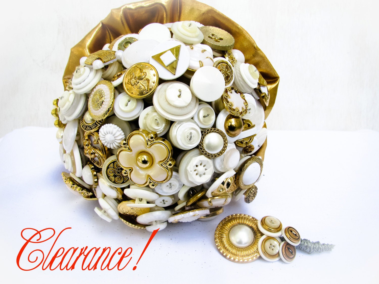 CLEARANCE- Bridal Button Bouquet & Boutonniere: The "Carousel" Gold and Glitter Sparkling Bouquet Set