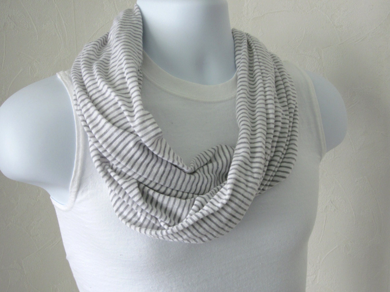 Mens Infinity Scarf Grey and White Stripe Cotton Blend Jersey Knit Circle Scarf For Guys and Gals