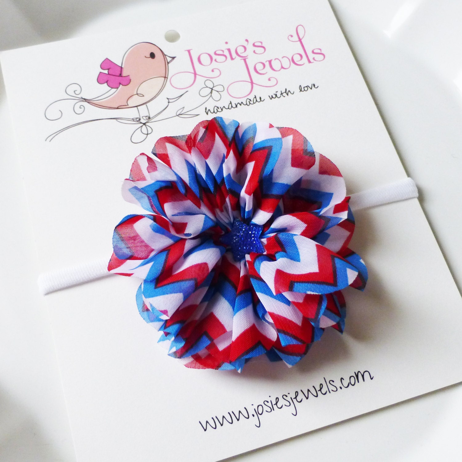 PATRIOTIC Red, White & Royal Blue JULY 4TH Chevron Chiffon Flower Blue Star Girls Headband