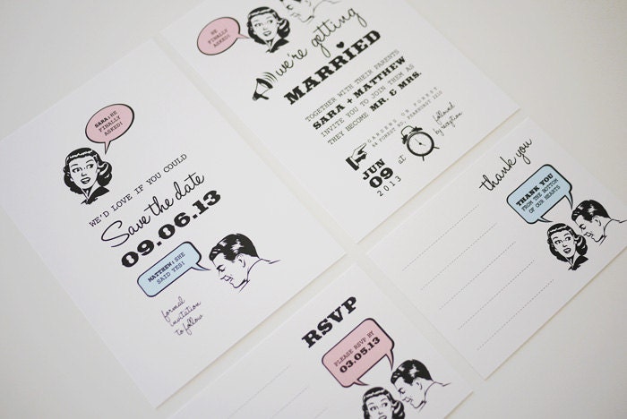 1950s Retro Wedding Invitation Set of 4 Printable Templates