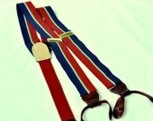 Button-On Suspenders Vintage Leather & Brass Suspenders. Red Blue Striped