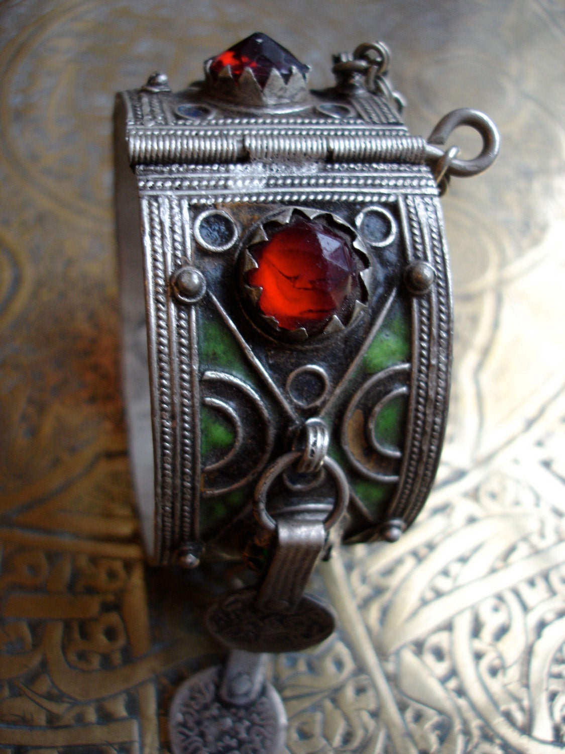 Moroccan Berber green enamel bracelet cuff bangle with coins for Tribal fusion dance