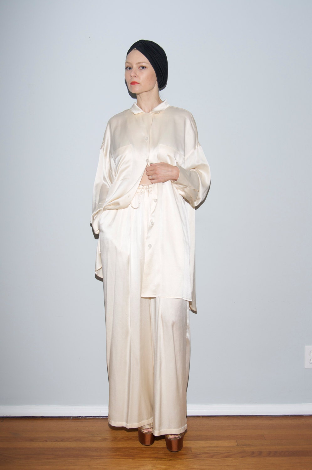 White Silk DKNY pajama style blouse & pants set