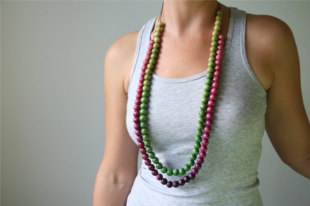 Two Hand-Dyed Ombre Green and Pink Wooden Bead Statement Necklaces