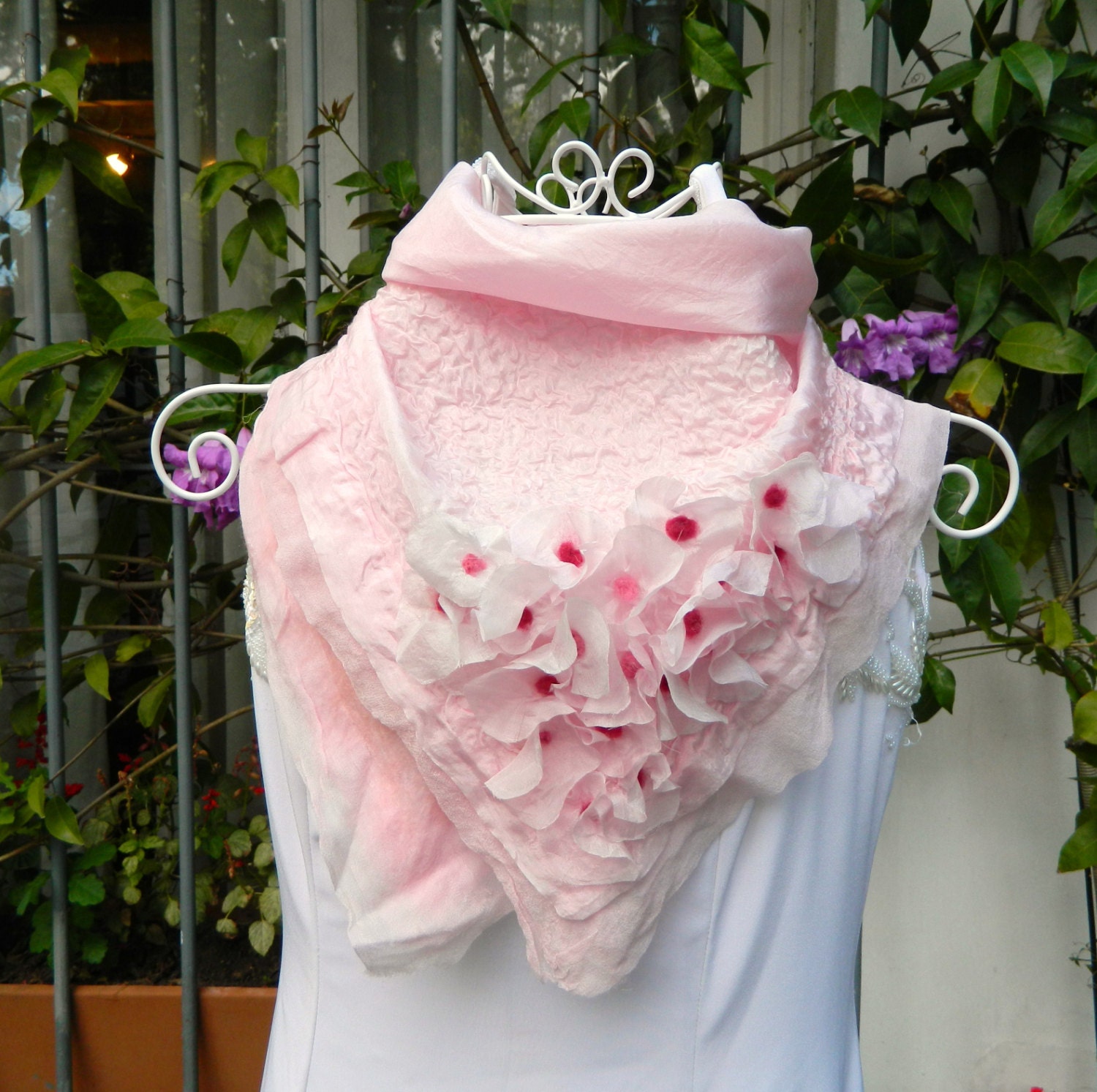 Pink Silk Scarf felted with silk flowers