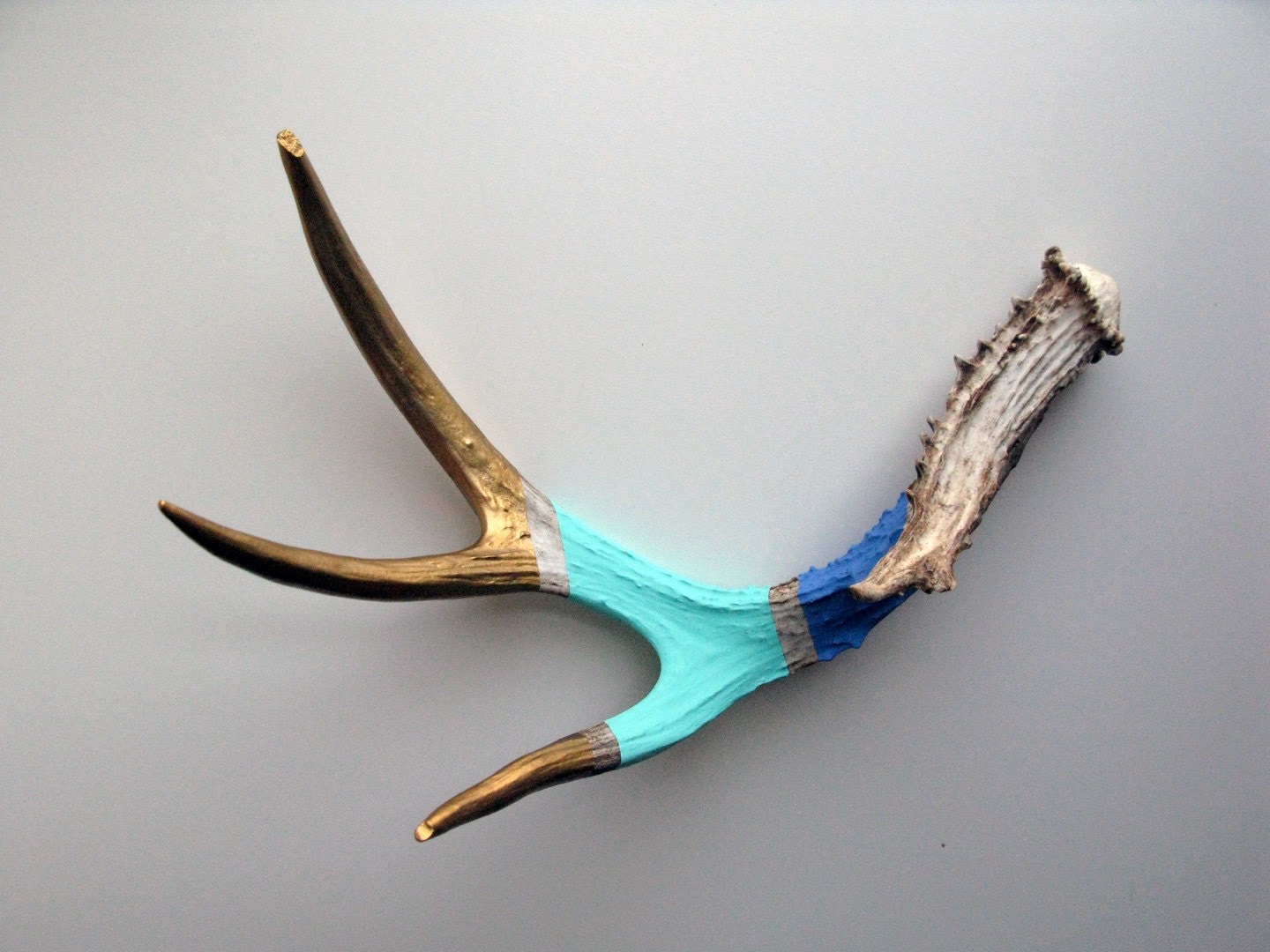 Gold, Aqua & Blue Striped Painted Antler - Large