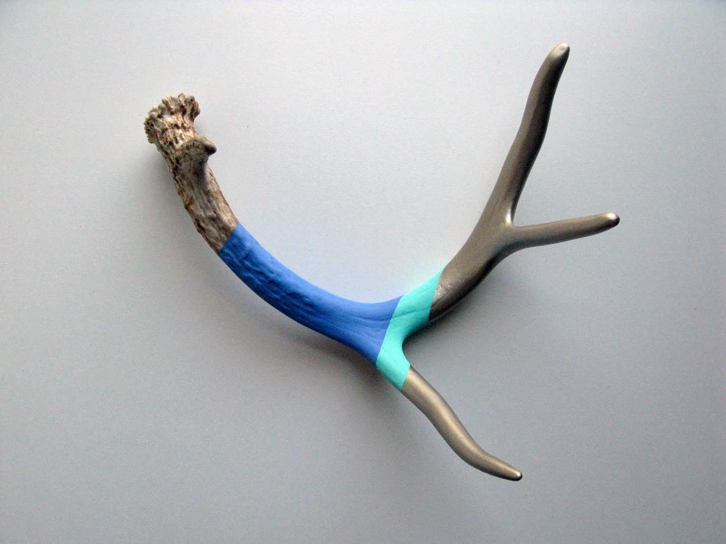 Silver, Aqua & Blue Striped Painted Antler - Medium