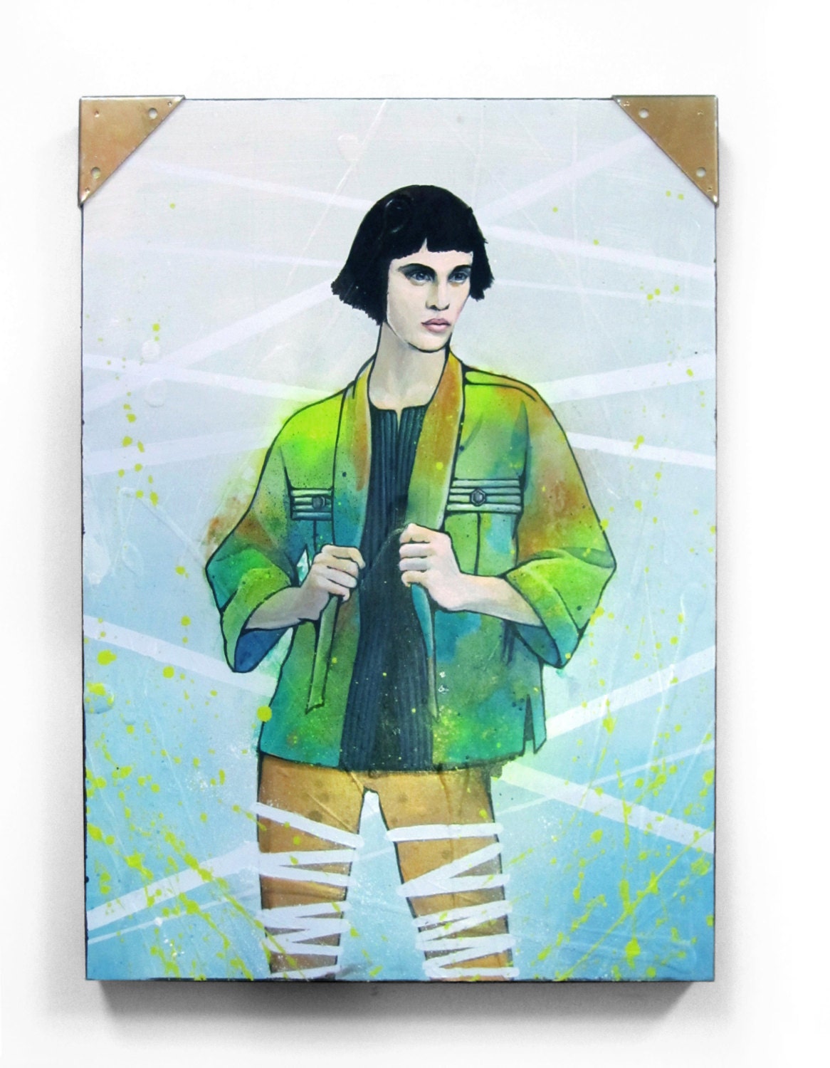 ORIGINAL painting on Wood Canvas 18x24(1.5 thick),  Gallery quality, A girl with a Jacket