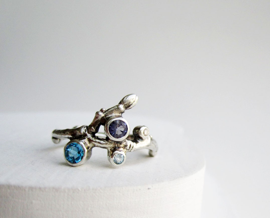 Diamond, Blue Topaz, Iolite, Aquamarine, 4 Stones Silver Twig Ring