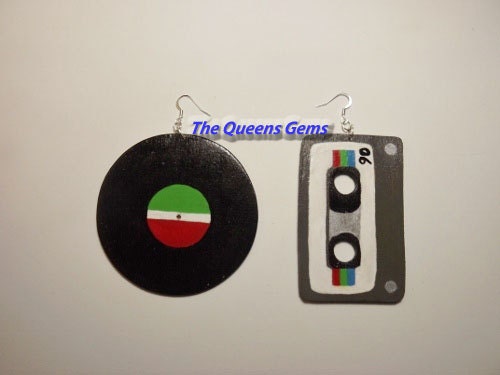 Handpainted Retro Cassette Tape/LP Album Wooden Earrings