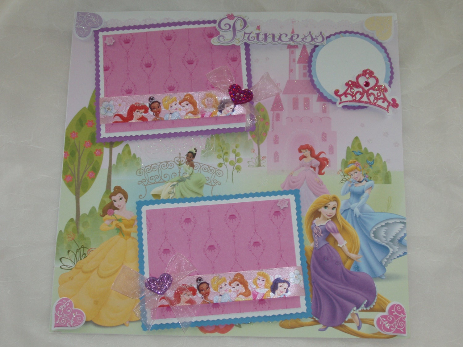 Disney Princess Cinderella Belle Rapunzel Ariel Tiana 12x12 Premade Scrapbook Page by KARI
