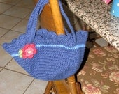 Blue Crochet Tote Bag, Purse, Handbag with Spring Pink Flower Accent  - New, Just finished