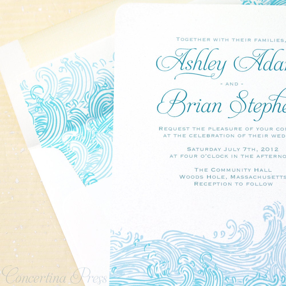 Waves Beach Wedding Invitations - Sample - in Blue and White